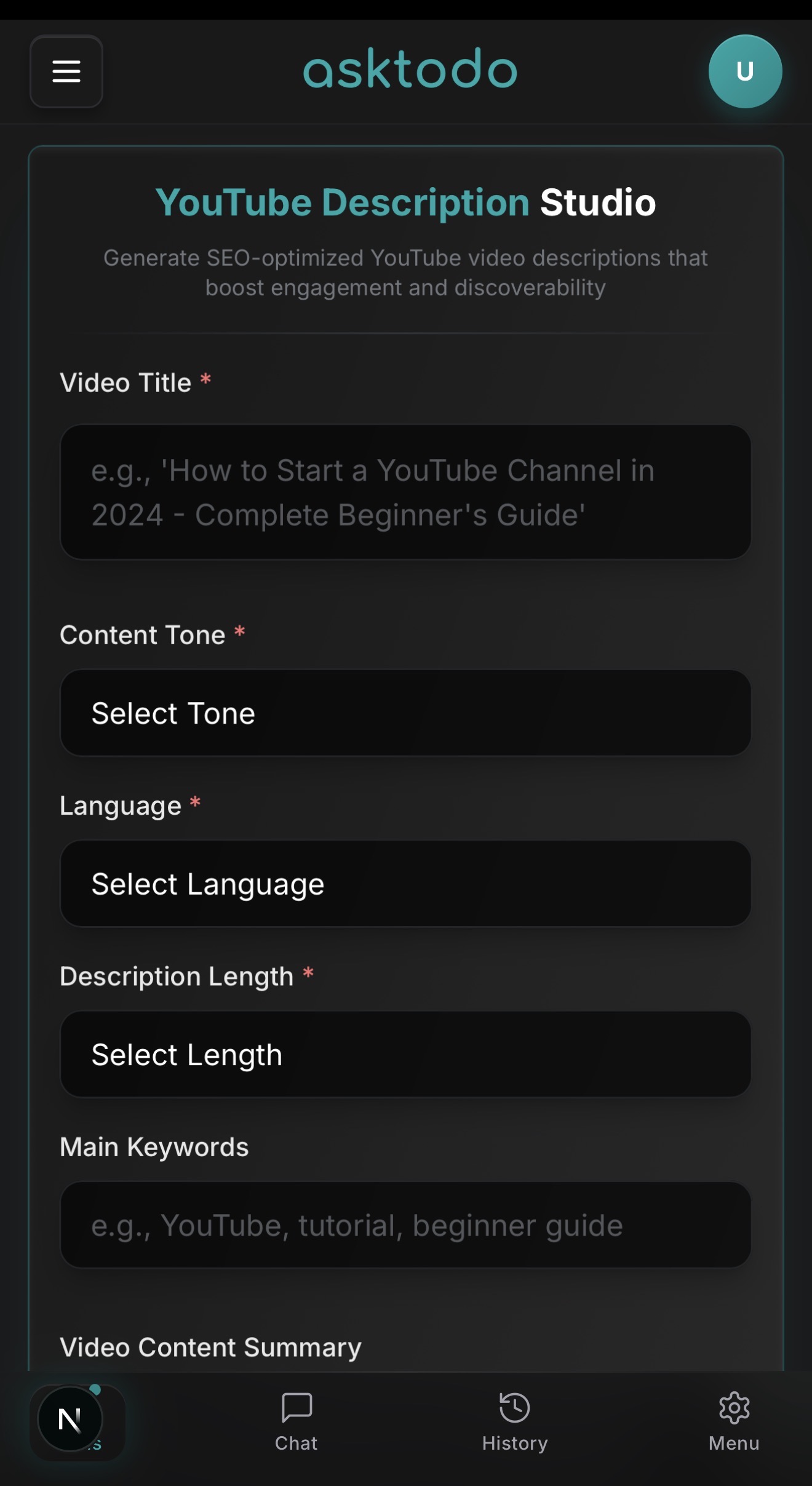 YouTube Description Studio Mobile Interface - SEO Video Descriptions